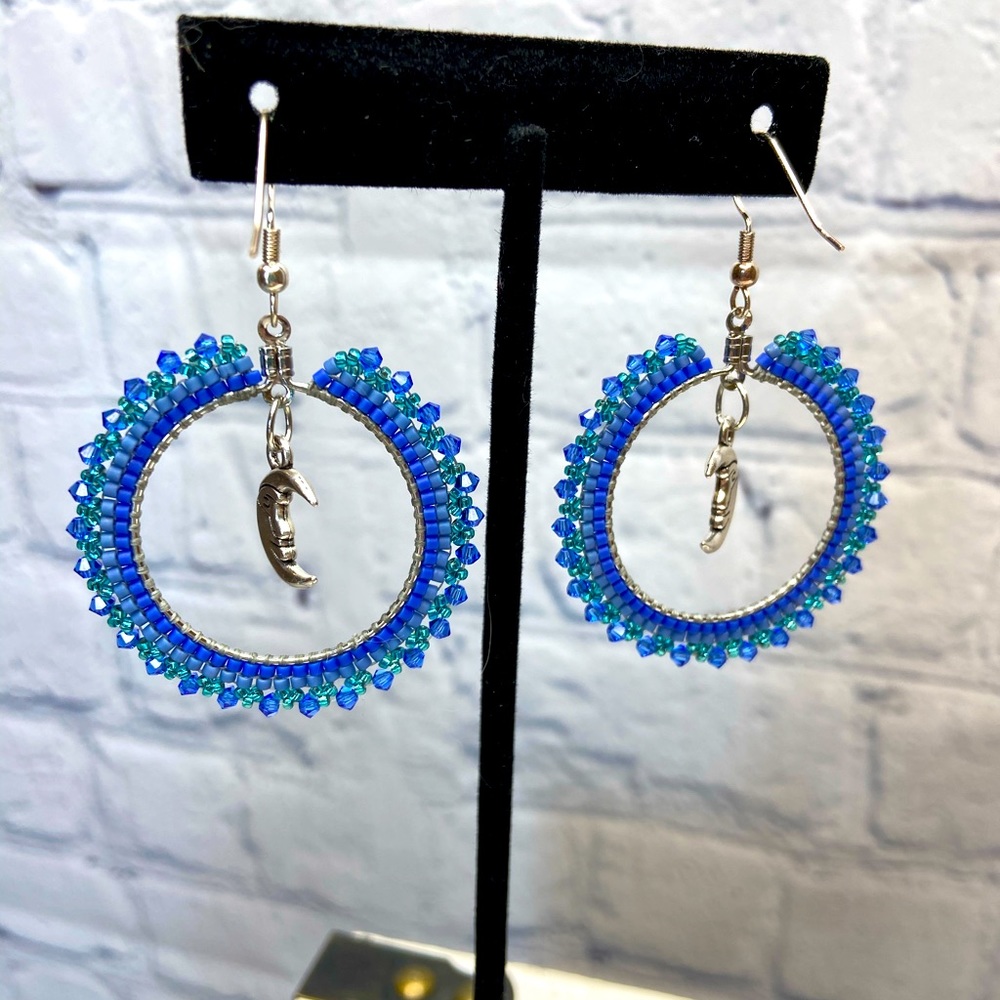 Boho Beaded HANDMADE Blue Moon Hoop Earrings - Picture 3 of 5